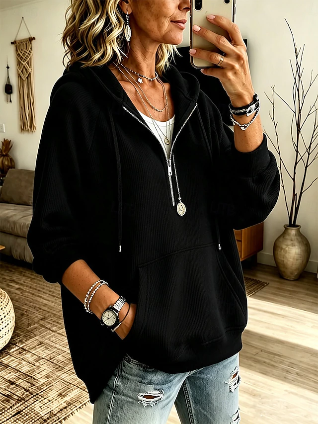 Women's Hoodies Corduroy Shirt Drawstring Zipper Casual Long Sleeve Hooded Regular Tops Casual White Khaki Black Sky Blue Grey Fall Winter