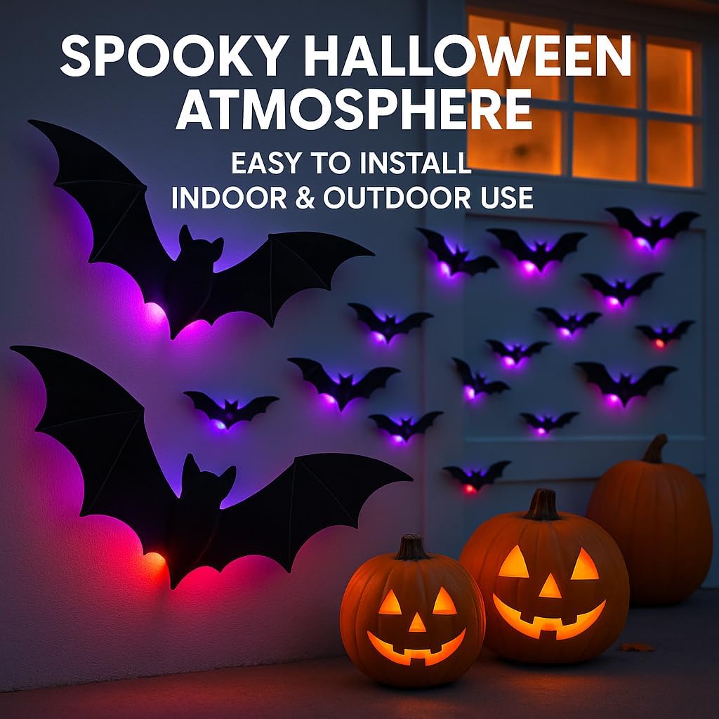 104PCS Halloween 3D Lighted Bats / SpiderWall Decors