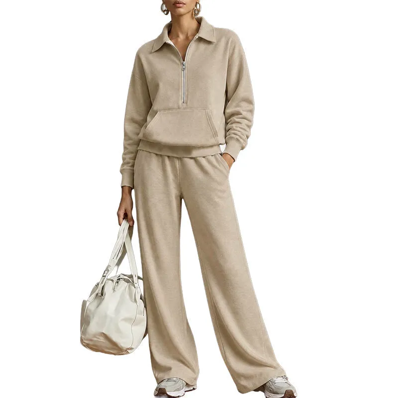 Warm and Flattering Half-Zip Collar Lounge Set with Wide-Leg Pants