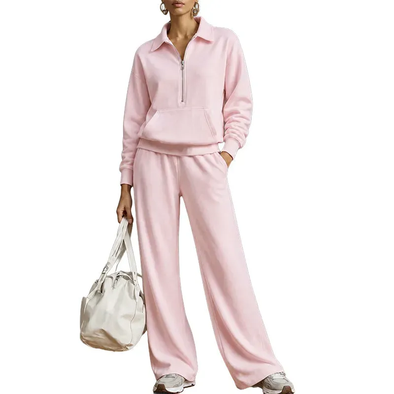 Warm and Flattering Half-Zip Collar Lounge Set with Wide-Leg Pants