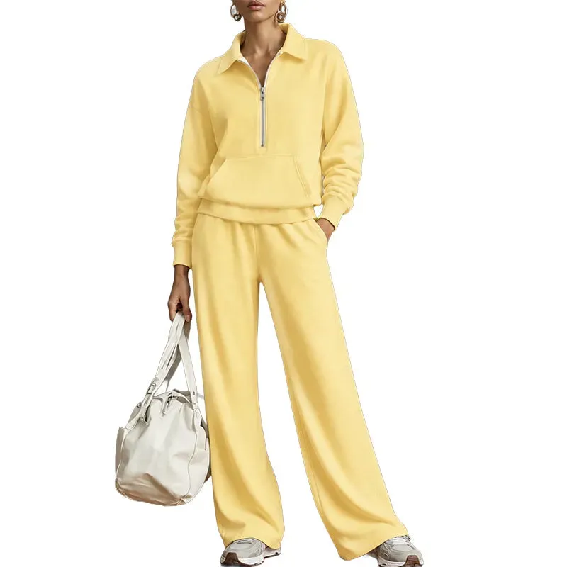 Warm and Flattering Half-Zip Collar Lounge Set with Wide-Leg Pants