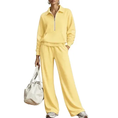 Warm and Flattering Half-Zip Collar Lounge Set with Wide-Leg Pants