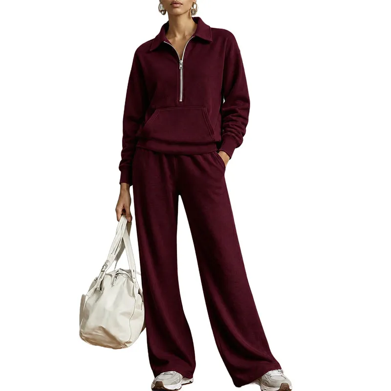Warm and Flattering Half-Zip Collar Lounge Set with Wide-Leg Pants