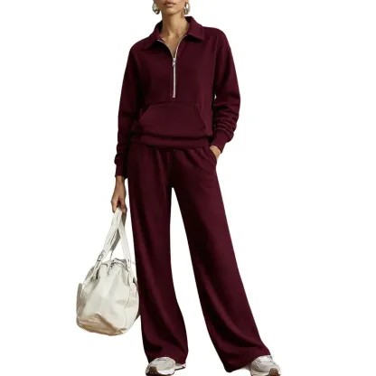 Warm and Flattering Half-Zip Collar Lounge Set with Wide-Leg Pants