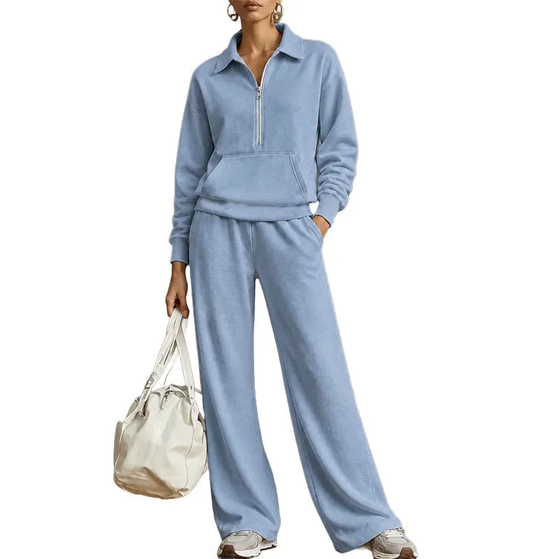 Warm and Flattering Half-Zip Collar Lounge Set with Wide-Leg Pants