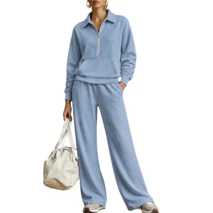 Warm and Flattering Half-Zip Collar Lounge Set with Wide-Leg Pants