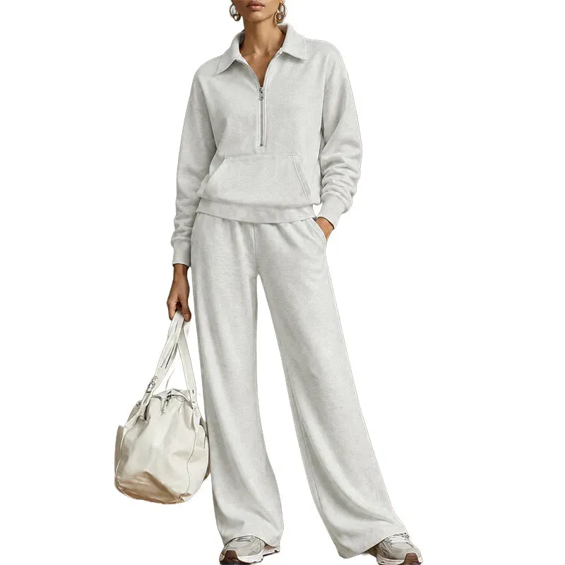Warm and Flattering Half-Zip Collar Lounge Set with Wide-Leg Pants