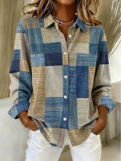Women's Shirt Blouse Patchwork Buttons Print Graphic Geometric Plaid Vintage Daily Stylish Long Sleeve Shirt Collar Regular Tops