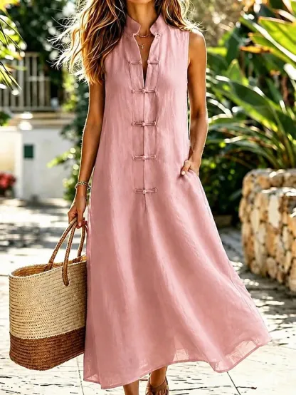 Women's Midi Dress Shift Dress Sundress White Dress A Line Dress Vacation Casual Boho Daily Holiday Summer Dress Plain Sleeveless Mandarin Collar Blue White Navy Pink Summer Fall