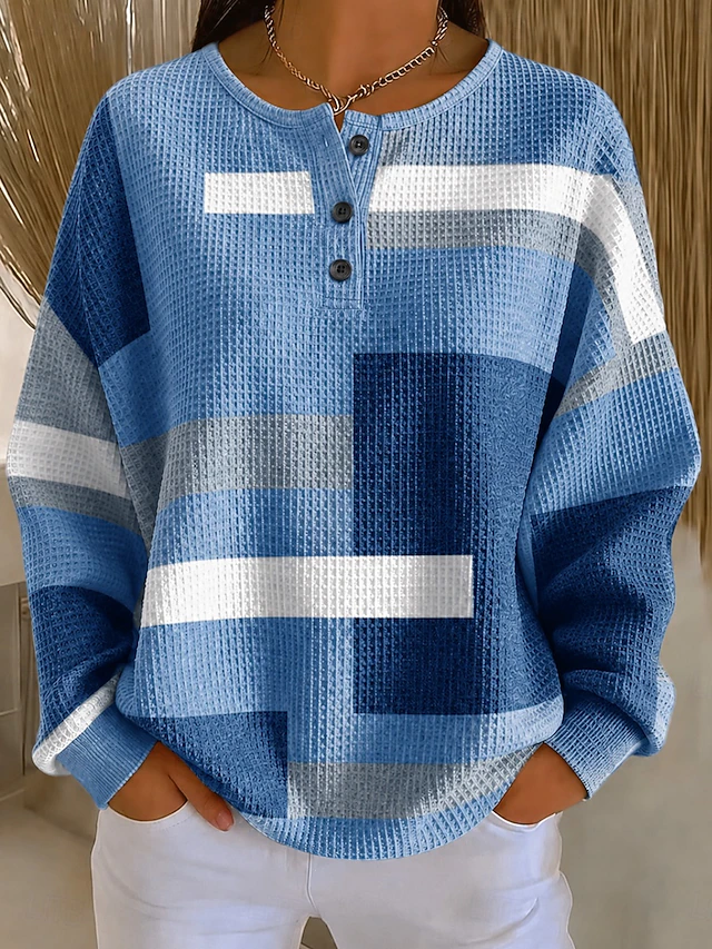 Women's Textured Pullover Sweatshirt Waffle Knit Tops Buttons Graphic Abstract Fashion Casual Print Long Sleeve Crew Neck Round Neck Long Tops