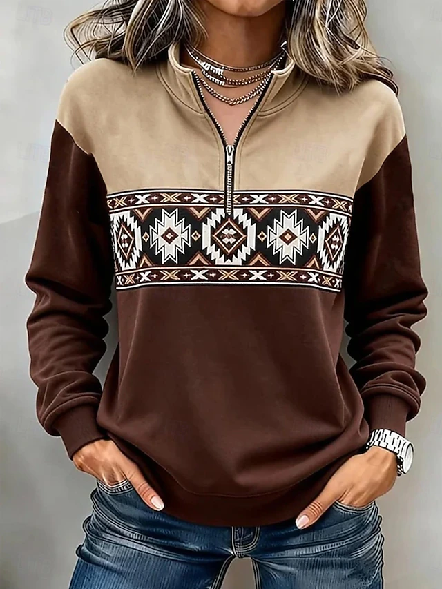 Women's Pullover Sweatshirt Zipper Floral Graphic Vintage Western Retro Long Sleeve High Neck Half Zip Regular Tops