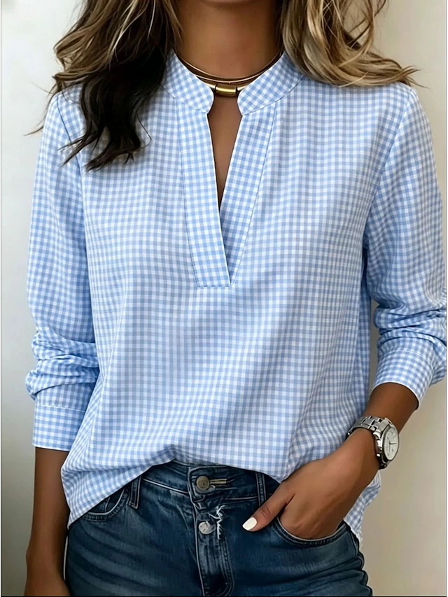 Women's Black White Mini Gingham Mandarin Collar Half Placket Long Sleeve Loose Casual Work Blouse