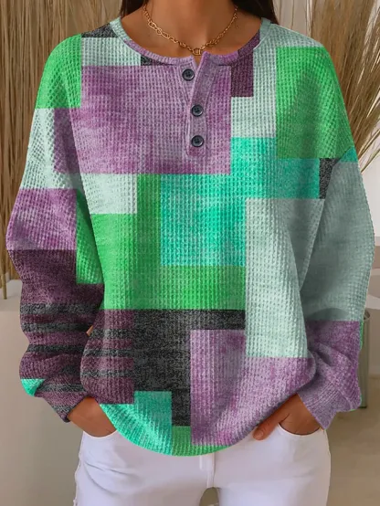 Women's Pullover Sweatshirt Buttons Graphic Geometric Fashion Casual Print Long Sleeve Crew Neck Regular Tops