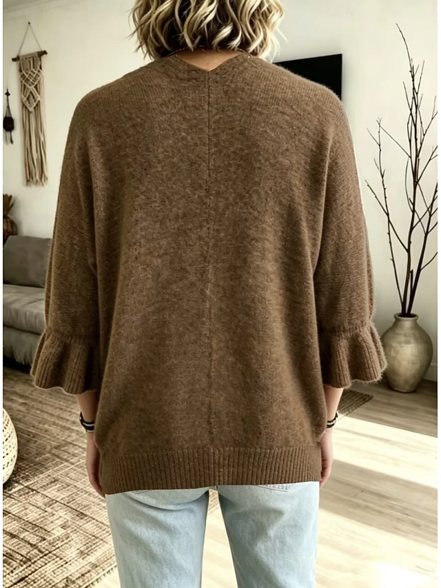 Women's Knit Cardigan Vintage Ribbed Open Front Ruffle Patchwork 3/4 Length Sleeve Regular Tops Knit Home Blue White Fall Winter