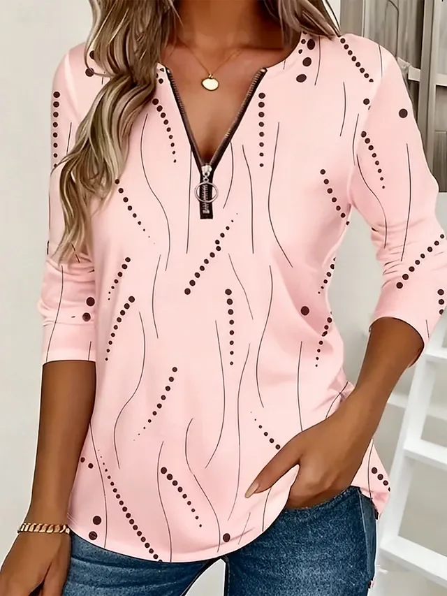 Women's T Shirt Zipper Print Graphic Geometric Vintage Fashion Stylish Long Sleeve Crew Neck V Neck Regular Tops