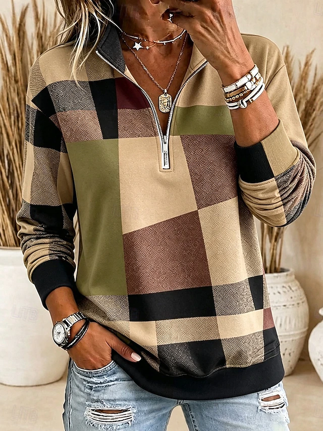 Women's Pullover Sweatshirt Zipper Graphic Geometric Casual Long Sleeve Half Zip Regular Tops