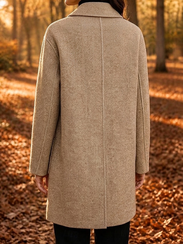 Women's Overcoat Peacoat Warm Pocket Buttons Elegant Classic Solid Color Casual Long Turndown Long Sleeve Outerwear Black Red Camel Fall Winter