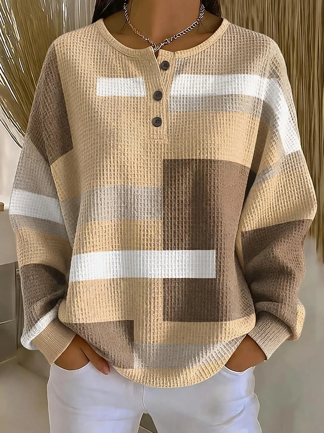 Women's Textured Pullover Sweatshirt Waffle Knit Tops Buttons Graphic Abstract Fashion Casual Print Long Sleeve Crew Neck Round Neck Long Tops