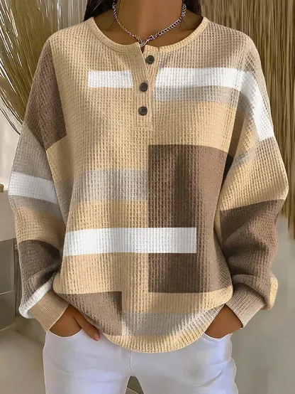 Women's Textured Pullover Sweatshirt Waffle Knit Tops Buttons Graphic Abstract Fashion Casual Print Long Sleeve Crew Neck Round Neck Long Tops