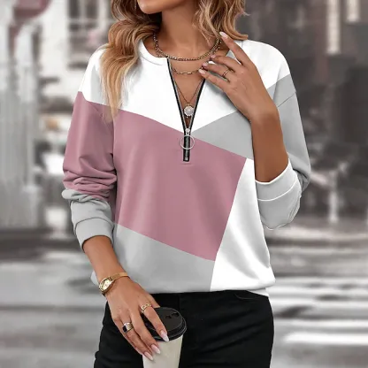 Women's Zip Up Sweatshirt Pullover Color Block Casual Sports Print Quarter Zip Active Sportswear V Neck Long Sleeve Top