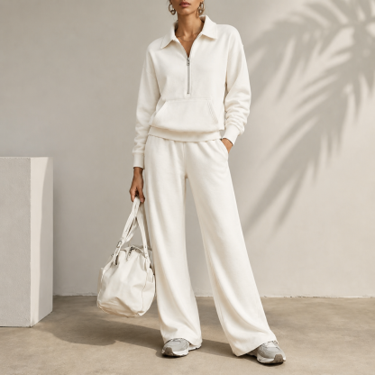 Warm and Flattering Half-Zip Collar Lounge Set with Wide-Leg Pants