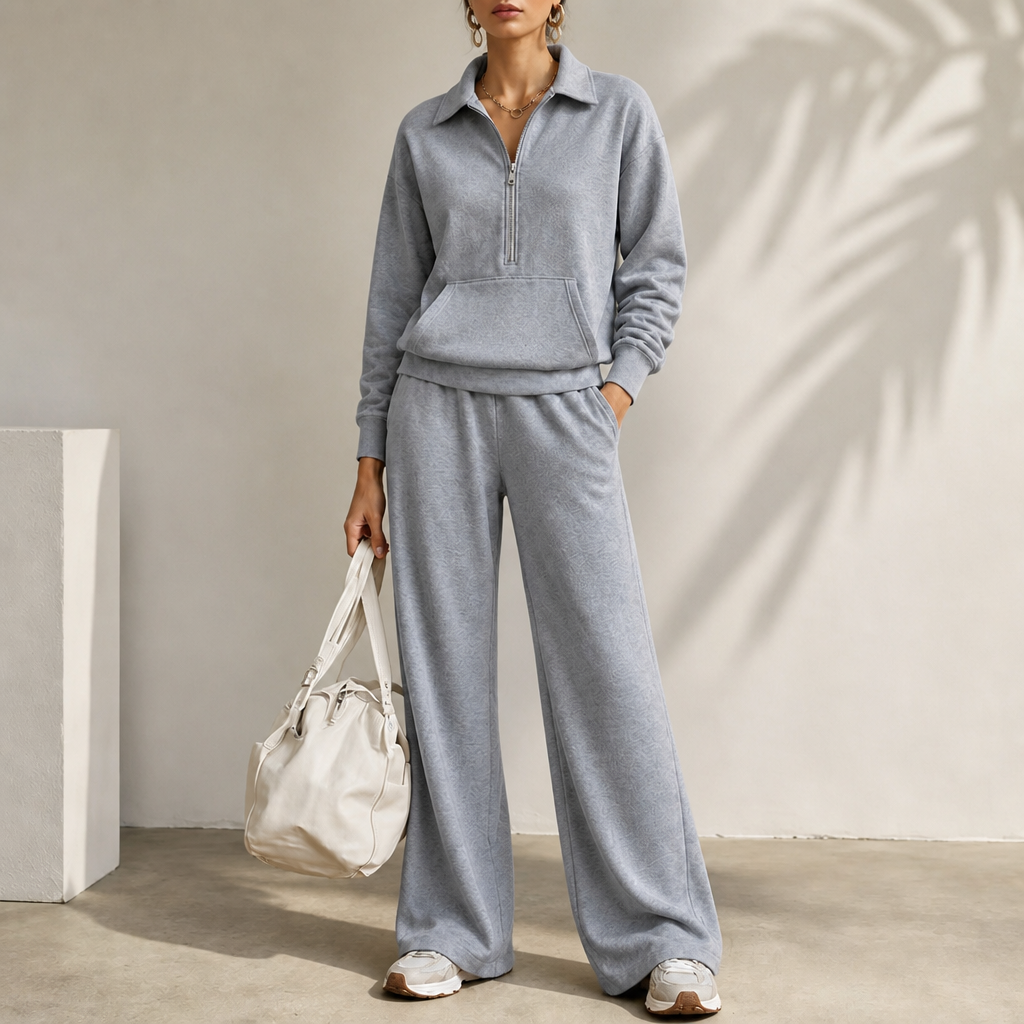 Warm and Flattering Half-Zip Collar Lounge Set with Wide-Leg Pants