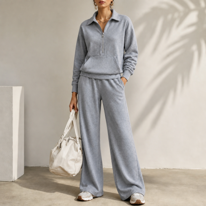 Warm and Flattering Half-Zip Collar Lounge Set with Wide-Leg Pants