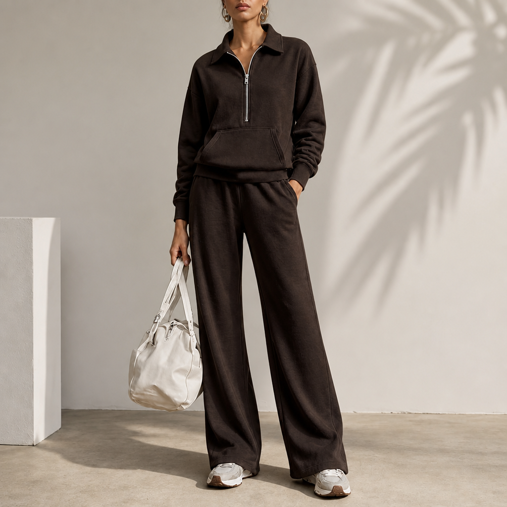 Warm and Flattering Half-Zip Collar Lounge Set with Wide-Leg Pants