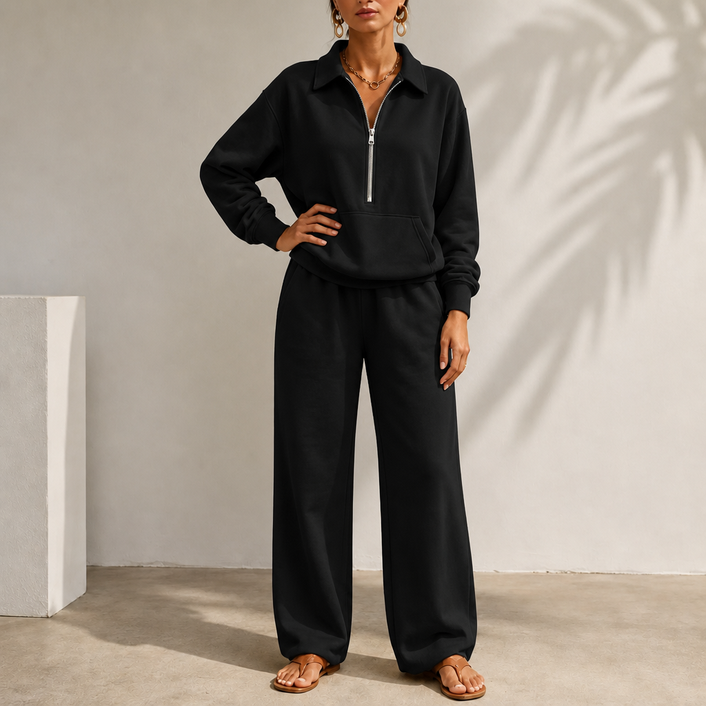 Warm and Flattering Half-Zip Collar Lounge Set with Wide-Leg Pants