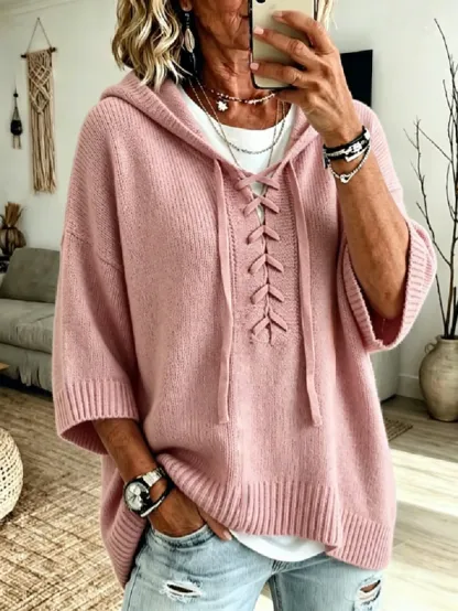 Women's Knit Hoodie Pullover Sweater Casual 3/4 Length Sleeve Lace Up Sweatshirt with Hood for Fall