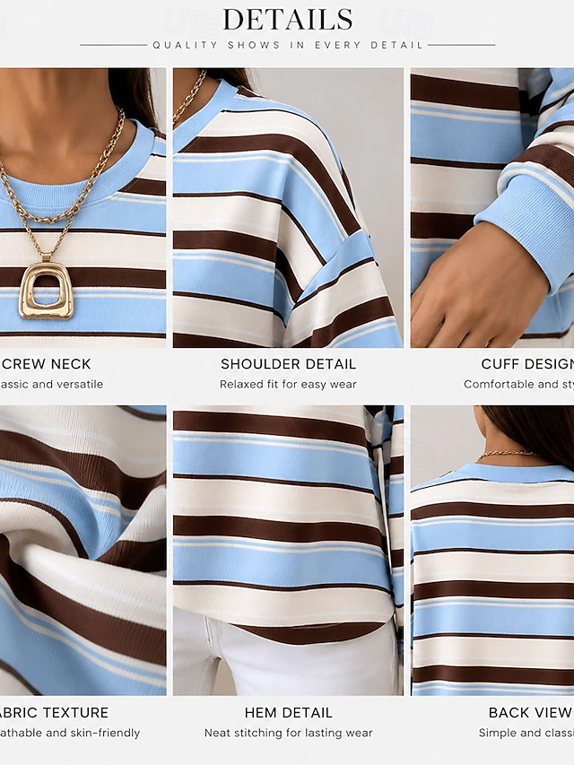 Women's Pullover Sweatshirt Striped Fashion Casual Long Sleeve Crew Neck Long Tops