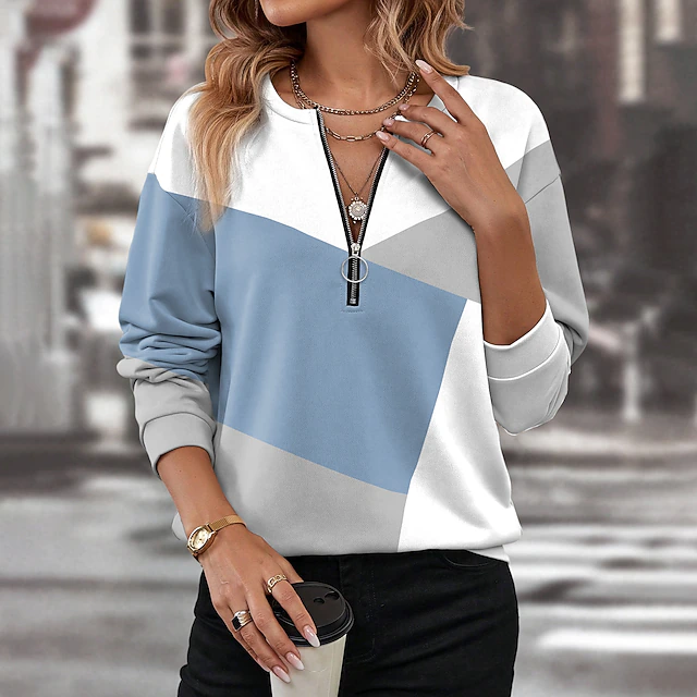 Women's Zip Up Sweatshirt Pullover Color Block Casual Sports Print Quarter Zip Active Sportswear V Neck Long Sleeve Top