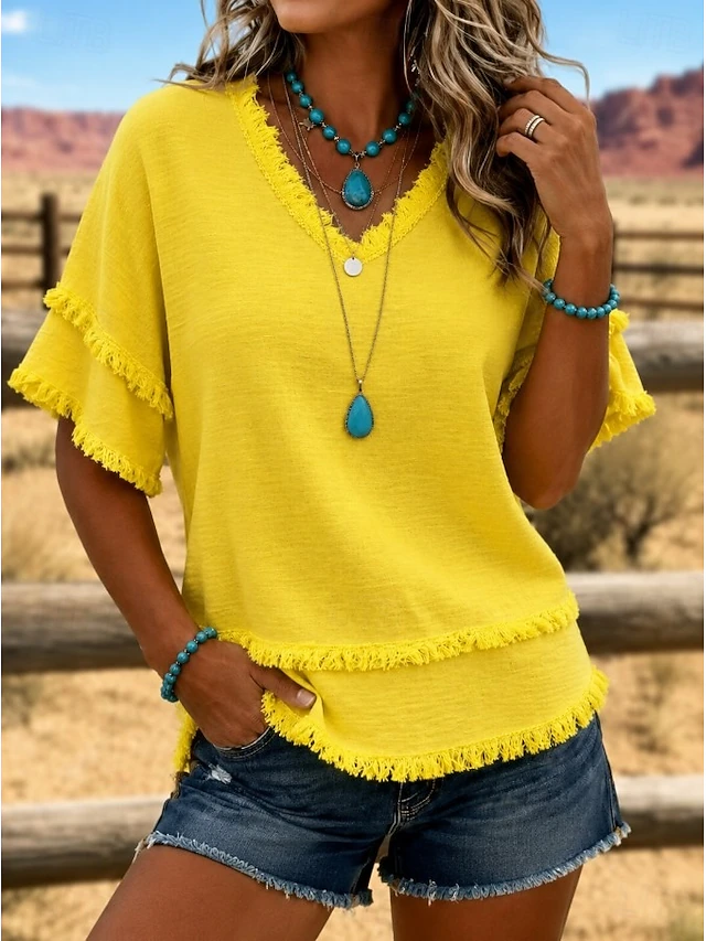 Women's V Neck Fringe Trim Short Sleeve Blouse Double Layer Frayed Raw Hem Crinkle Textured Loose Casual Tunic Top