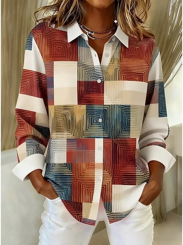 Women's Shirt Blouse Patchwork Buttons Print Graphic Geometric Plaid Vintage Daily Stylish Long Sleeve Shirt Collar Regular Tops