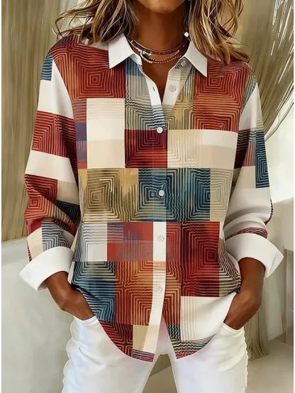 Women's Shirt Blouse Patchwork Buttons Print Graphic Geometric Plaid Vintage Daily Stylish Long Sleeve Shirt Collar Regular Tops