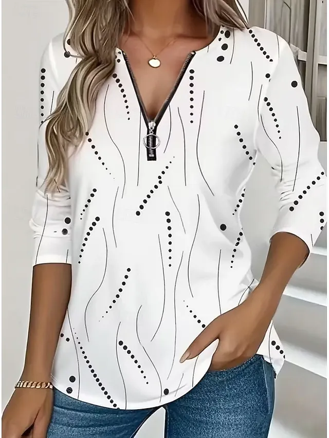 Women's T Shirt Zipper Print Graphic Geometric Vintage Fashion Stylish Long Sleeve Crew Neck V Neck Regular Tops