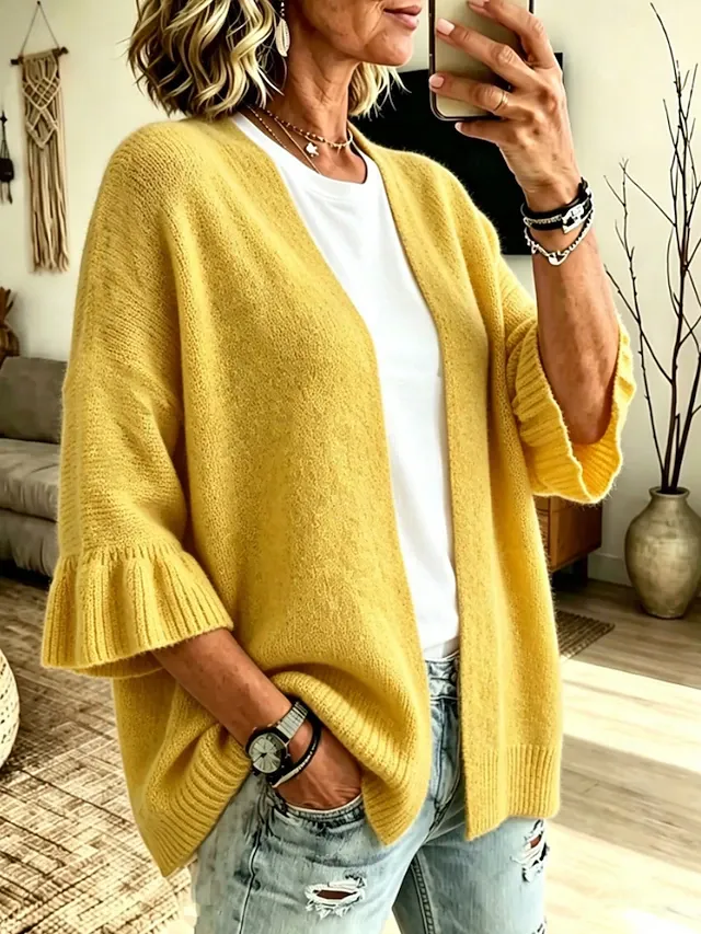 Women's Knit Cardigan Vintage Ribbed Open Front Ruffle Patchwork 3/4 Length Sleeve Regular Tops Knit Home Blue White Fall Winter