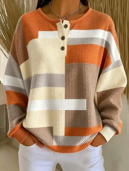 Women's Textured Pullover Sweatshirt Waffle Knit Tops Buttons Graphic Abstract Fashion Casual Print Long Sleeve Crew Neck Round Neck Long Tops