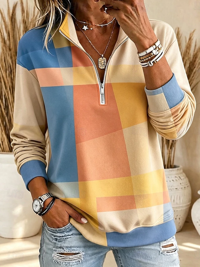 Women's Pullover Sweatshirt Zipper Graphic Geometric Casual Long Sleeve Half Zip Regular Tops