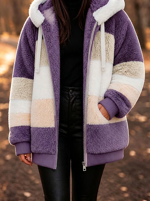 Women's Fleece Jacket Teddy Coat Hoodie Jacket Warm Breathable Zipper Pocket Fleece Lined Casual Stripe Vacation Street Daily Wear Going out Zipper