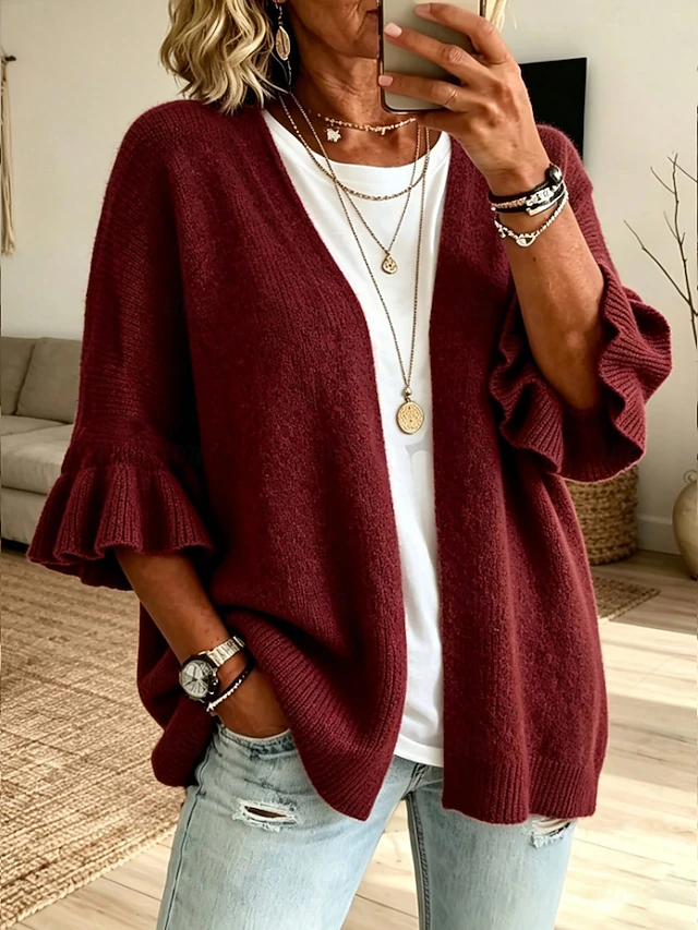 Women's Knit Cardigan Vintage Ribbed Open Front Ruffle Patchwork 3/4 Length Sleeve Regular Tops Knit Home Blue White Fall Winter
