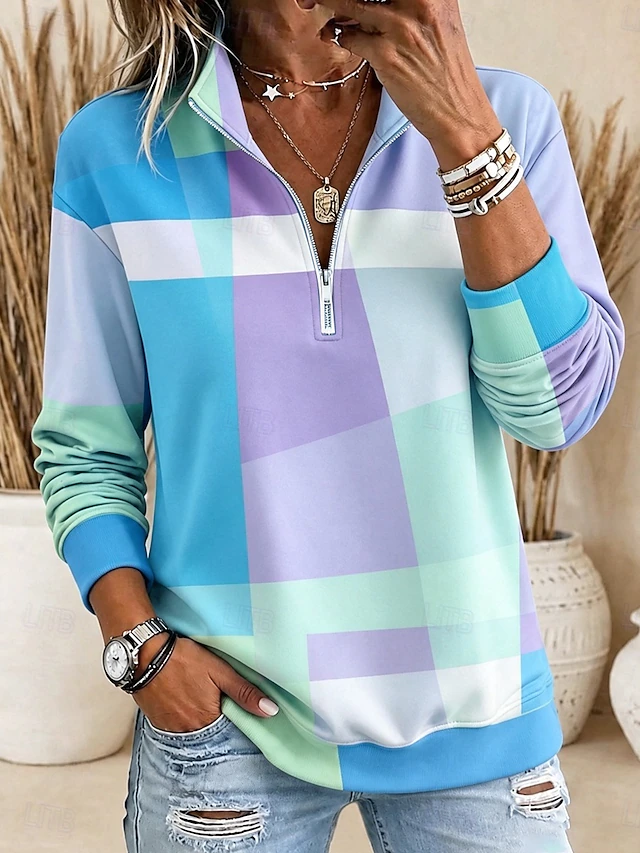 Women's Pullover Sweatshirt Zipper Graphic Geometric Casual Long Sleeve Half Zip Regular Tops