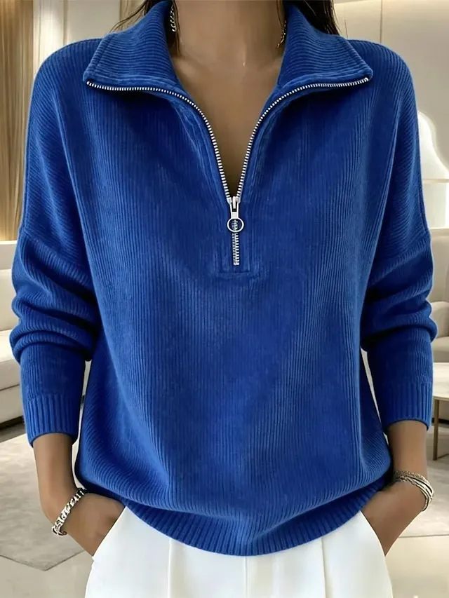 Women's Corduroy Zip Up Shirt - Quarter Zip Stand Collar Long Sleeve Casual Fall Pullover