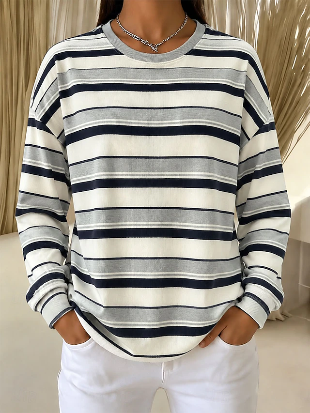 Women's Pullover Sweatshirt Striped Fashion Casual Long Sleeve Crew Neck Long Tops