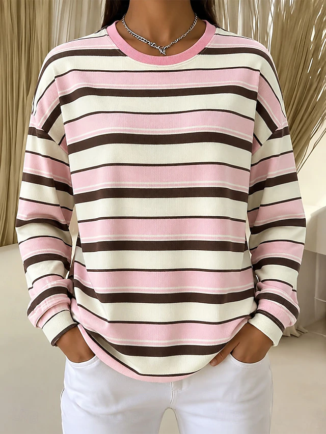 Women's Pullover Sweatshirt Striped Fashion Casual Long Sleeve Crew Neck Long Tops