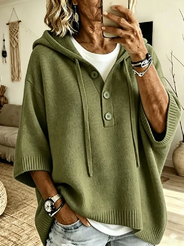 Women's Half Button Hoodie Sweater 3/4 Length Sleeve Casual Knit Pullover Sweater with Drawstring