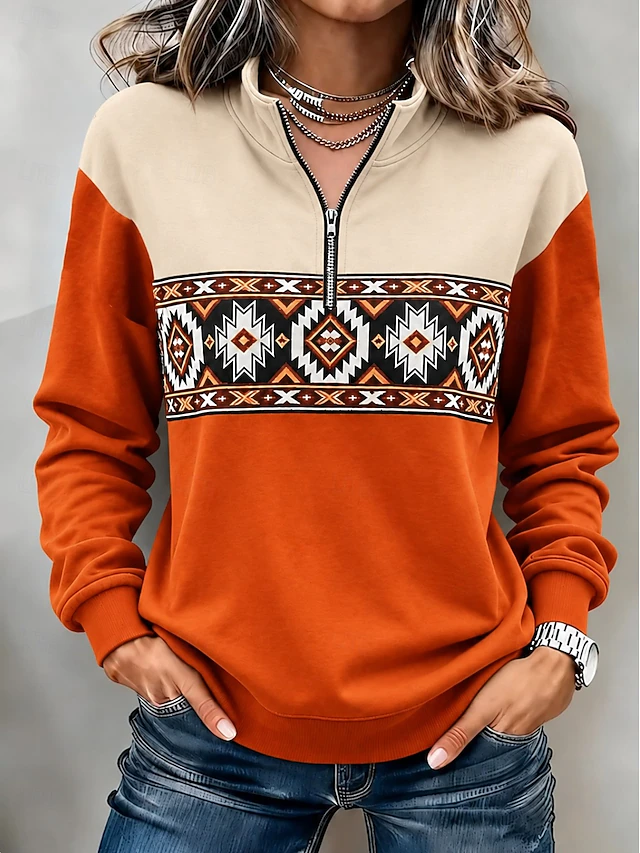 Women's Pullover Sweatshirt Zipper Floral Graphic Vintage Western Retro Long Sleeve High Neck Half Zip Regular Tops