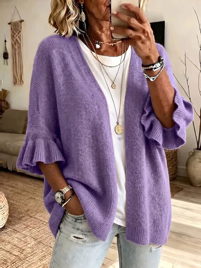 Women's Knit Cardigan Vintage Ribbed Open Front Ruffle Patchwork 3/4 Length Sleeve Regular Tops Knit Home Blue White Fall Winter