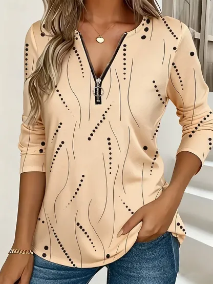 Women's T Shirt Zipper Print Graphic Geometric Vintage Fashion Stylish Long Sleeve Crew Neck V Neck Regular Tops