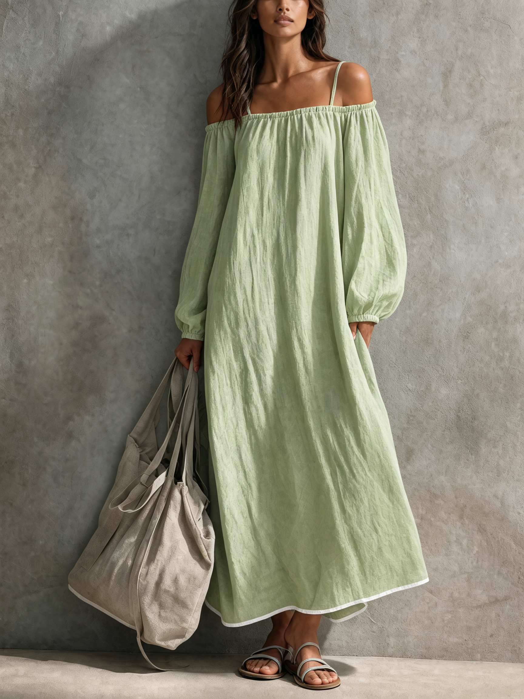 Women's Casual Light Grey-blue Cotton-linen Maxi Dress With Spaghetti Straps, Off-shoulder Design, And Long Sleeves MDZ0266G4LXY
